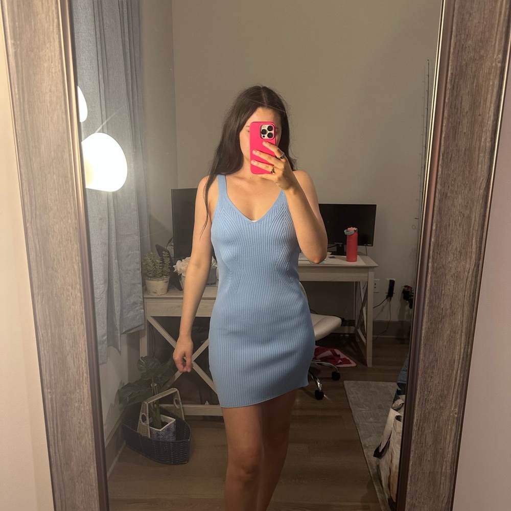 H&M Blue Ribbed Bodycon Mini Dress V-Neck